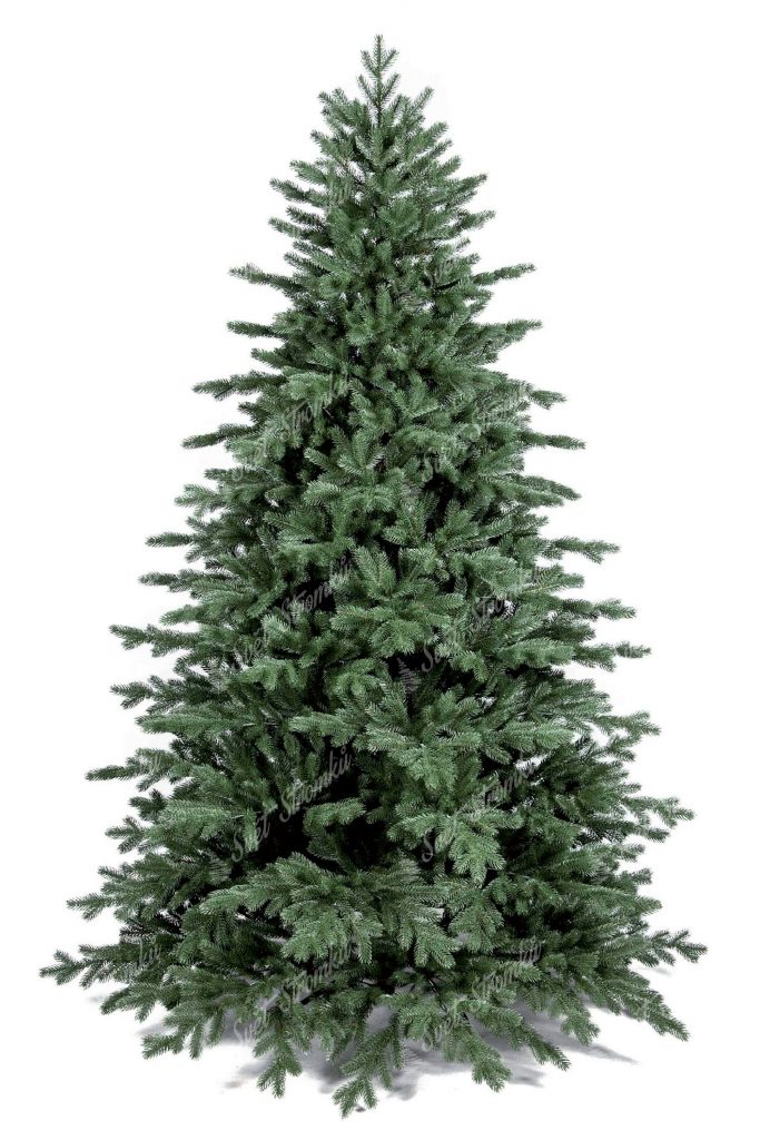 Umělý vánoční stromek tmavší zelené barvy. Celý stromeček pokrývají 3D větvičky a proto je k nerozeznání od živého. Stromek stojí na kovovém stojanu.