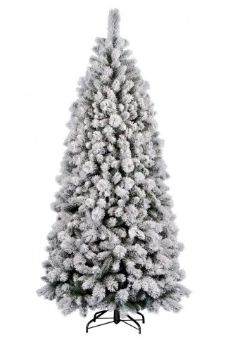Umělý vánoční stromek ve tvaru úzkého jehlanu. Stromek je celý pokryt bílým sněhem. Stromek má velký počet větviček a proto je opravdu hustý. Stromek stojí na železném stojanu.