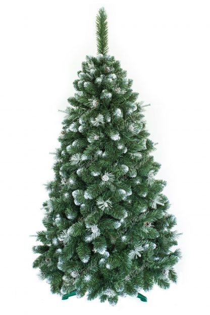 Umělý vánoční stromeček borovice se stříbrnými šiškami a do bílá zabarvenými konečky větviček. Extra hustý do jehlanu tvarovaný vánoční stromeček postaven na umělém stojanu.