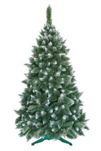 Umělý vánoční stromeček Borovice se stříbrnými šiškami, bílými špičatými konečky větviček a imitací krystalků ledu. Stromek mě velký počet větviček a dokonalý tvar .Stromček stojí na umělém stojanu.