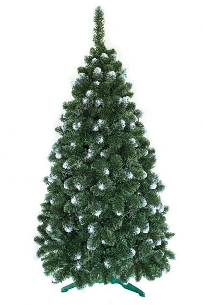 Umělý vánoční stromek s velkým počtem větviček. Některé konečky větviček jsou zbarveny do bílá a tak připomínají sníh. Stromek stoji na umělém stojanu.