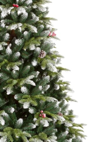 Umělý vánoční stromek 3D Jedle Zasněžená. Stromek má větve ozdobené sněhem, šiškami a bobulemi cesmíny.