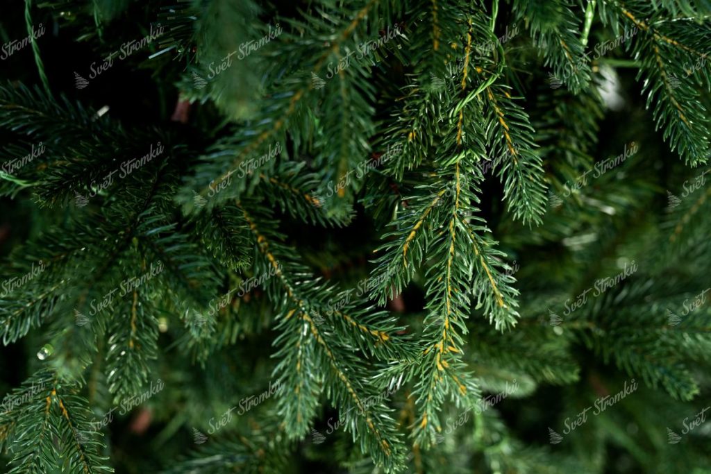Detailní fotka 3D jehličí a větviček vánočního stromku.