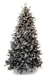 Bílý vánoční stromeček postavený na kovovém stojanu. Celý stromeček je vysvícený s LED světýlky.