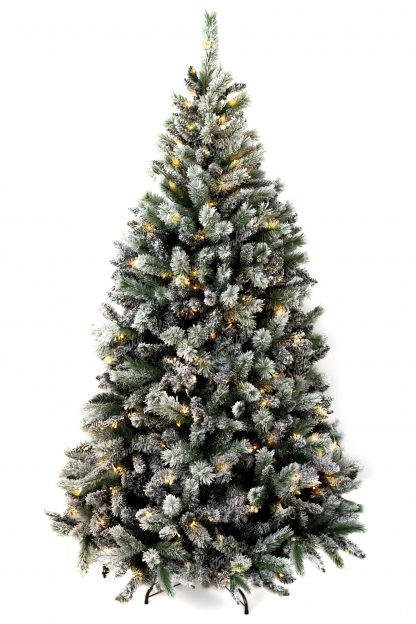 Zasněžený vánoční stromeček Borovice Bílá s LED osvětlením teplé bílé barvy.