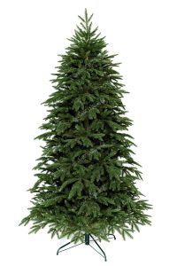 3D Vánoční stromek zelené barvy, který stojí na železném stojanu.