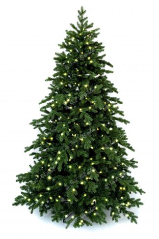 3D vánoční stromek tmavší zelené barvy. Celý obvod stromku je tvořen 3D větvičkami a vánočním LED osvětlením svítící teplou bílou barvou.