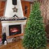 Vánoční stromek vedle krbu. Krb je ozdobený vánočními dekoracemi.