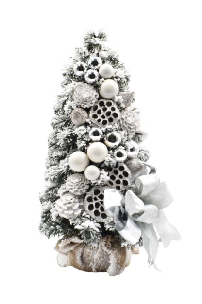 Zasněžený malý vánoční stromeček ozdobený Stříbrno-bílý 50cm