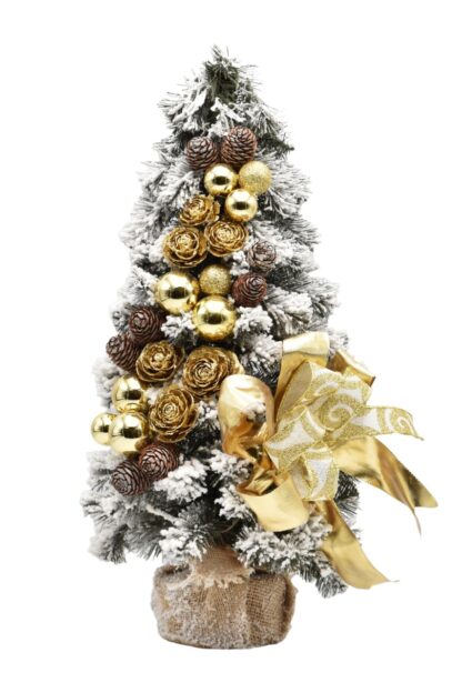 Zasněžený malý vánoční stromeček ozdobený Zlatý 50cm