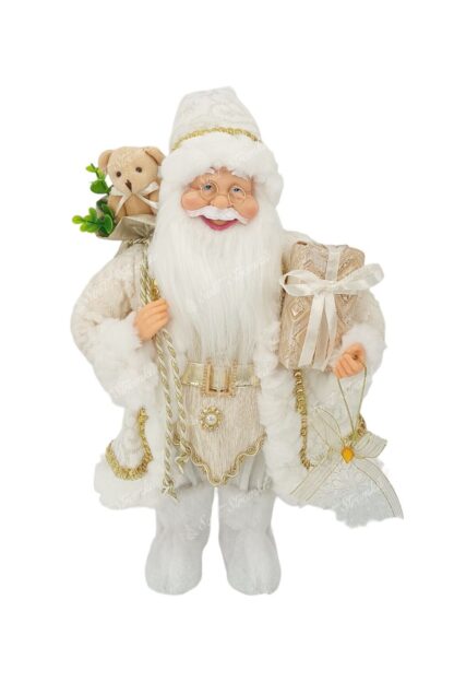 Vánoční dekorace Mikuláš Bílý 40cm má na sobě bílý kabát se zlatým vzorem a lemováním a zlatý pásek. Na nohou má bílé boty a v ruce drží dárek. Má husté dlouhé bílé vousy a brýle.