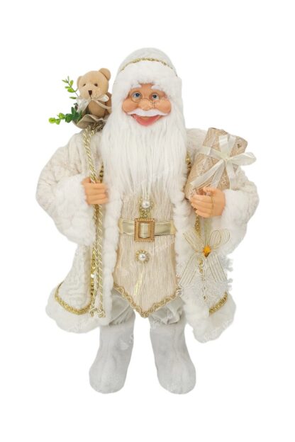Vánoční dekorace Mikuláš Bílý 60cm má na sobě bílý kabát se zlatým vzorem a lemováním a zlatý pásek. Na nohou má bílé boty a v ruce drží dárek. Má husté dlouhé bílé vousy a brýle.