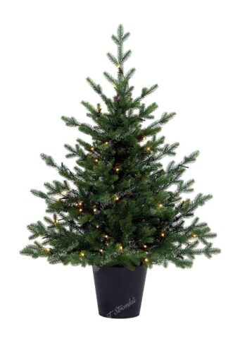 Umělý vánoční stromek v květináči FULL 3D Smrk Přírodní s LED osvětlením je v květináči a má husté, přirozeně zelené jehličí.
