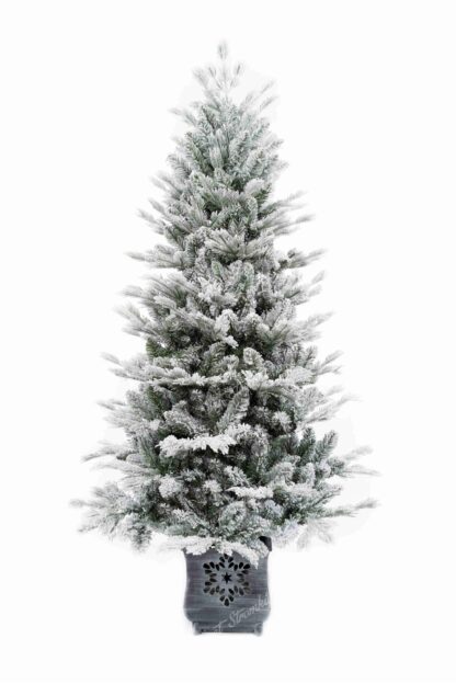 Umělý vánoční stromeček 3D Smrk Arktický v květináči má hustě zasněžené větve a je v moderním květináči.