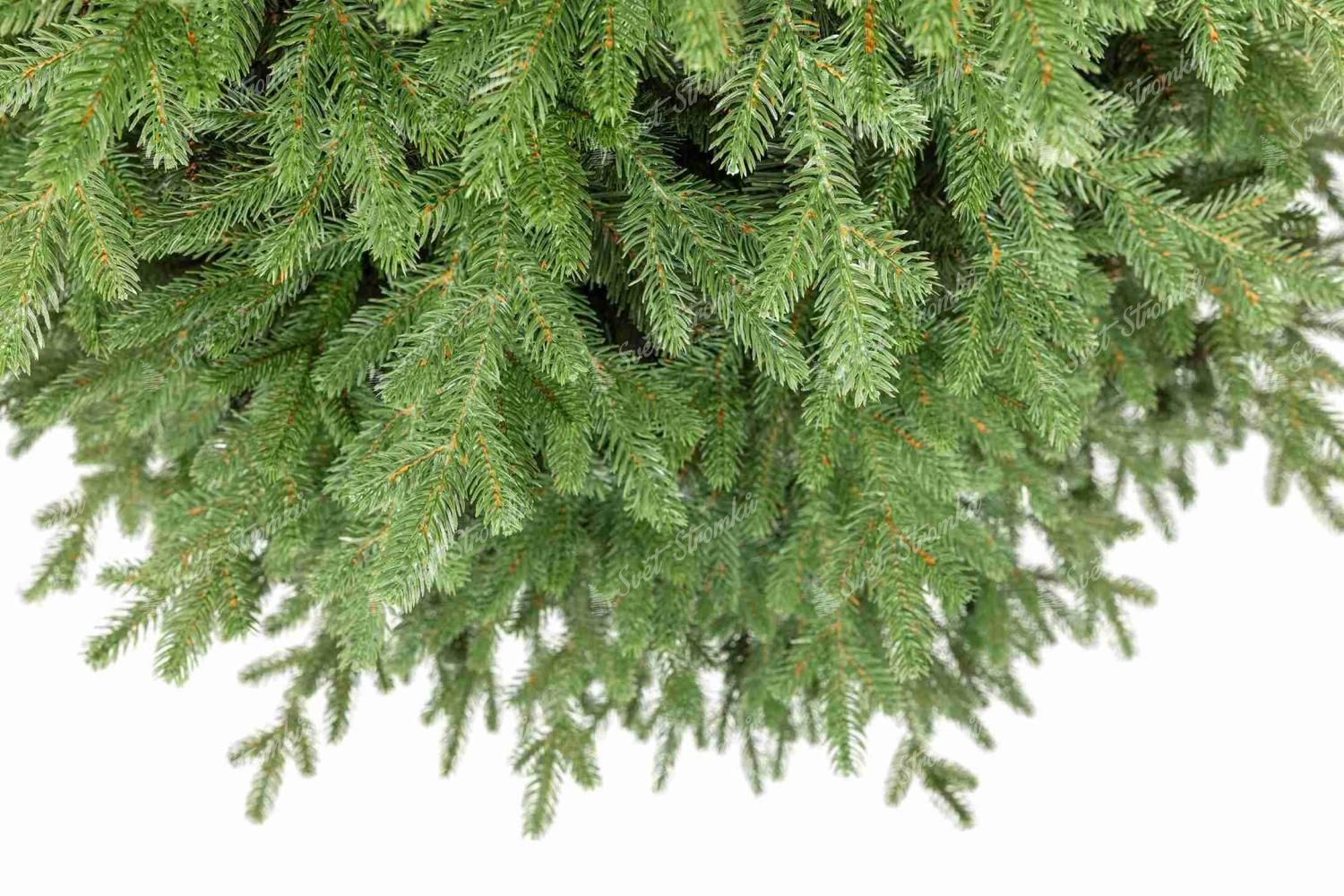 Detail umělého vánočního stromku 3D Smrk Apeninský větvičky působí jako živé, má světle zelenou barvu a hnědý detail ve středu